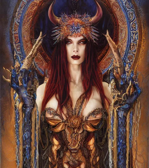 Image similar to a detailed painting of famale fantasy demon priestess, art by karol bak and mark brooks and donato giancola, centered, aesthetically pleasing