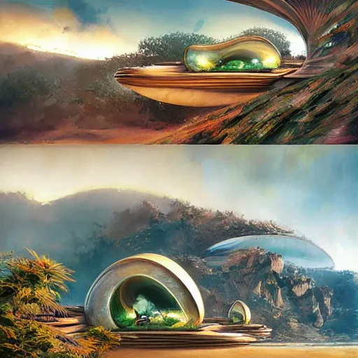 Image similar to beautiful portrait of bamboo living pods shaped like a sea shell embedded on the side of a cliff, windows, the time machine, spaceship by john berkey, panoramic view, ssci - fi, futuristic valley, rendered in octane, art by artgerm, artwork by peter gric and brian froud and esao andrews and david hardy