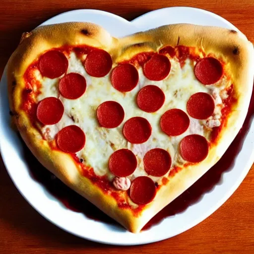 Image similar to heart shaped magerhita pizza with alot of cheese, 4 - 5 cherry tomata served on a wooden plate, ( ( ( no pepperoni ) ) )