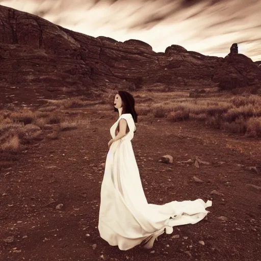 Image similar to photo, a woman in a giant flowing incredibly long dragging white dress made out of white smoke, standing inside a dark night western rocky scenic landscape, a vintage cowboy movie projected, volumetric lighting