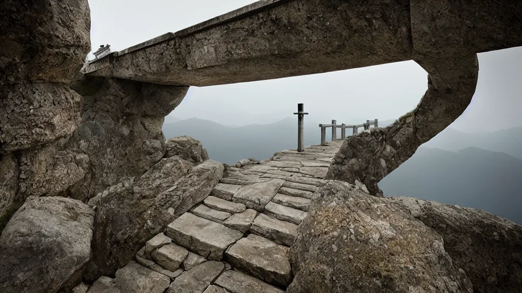 Prompt: a shinto gate atop a stone stairway on a mountain, photography by michal karcz and zhang kechun