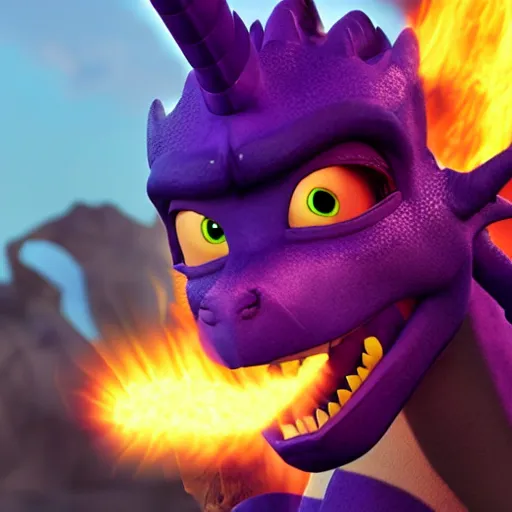 Prompt: cinematic portrait of Spyro the Dragon breathing fire