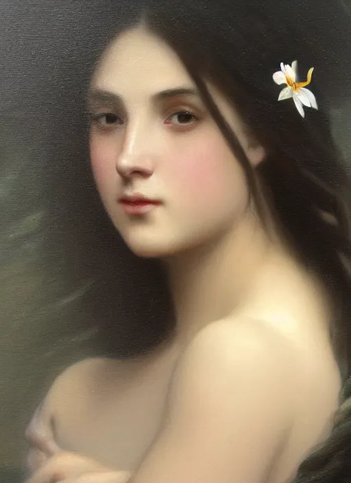 Prompt: oil painting close up portrait of a young woman with long dark flowing hair in a black dress, surrounded by white lilies!! at sunset, hazy, digital art, chiaroscuro, artstation, cinematic, golden hour, digital art painting by greg rutkowski, william - adolphe bouguereau, hazy atmosphere, cinematic lighting