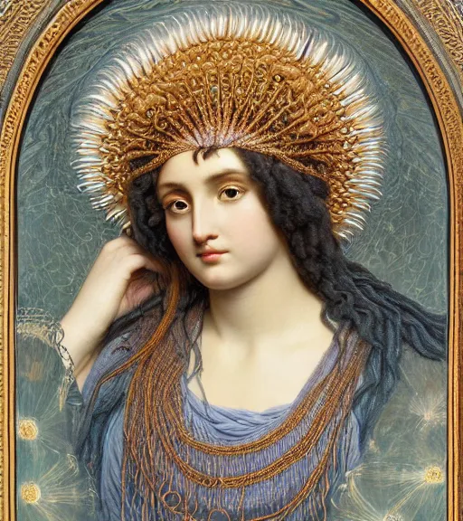 Prompt: portrait of a gorgeous sublime young goddess with intricate decorative jellyfish headdress and beautiful eyes, clear lines, detailed painting by john william godward and ernst haeckel and james jean