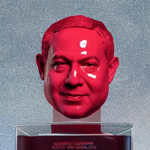 Image similar to a sculpture made out of juicy and transparent red jelly in the sea of a giant benjamin netanyahu head, long shot, hyper detailed, hyper realistic, ray tracing, 8 k resolution, sharp focus, realistic water, award winning