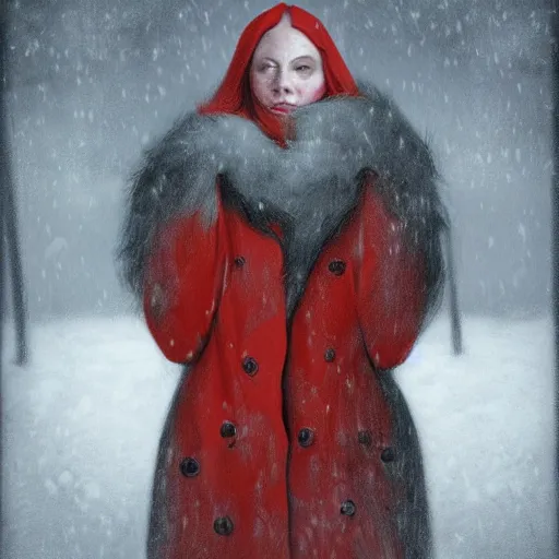Prompt: horror movie poster art, a red headed woman in a parka in a snowstorm by Francisco Goya, dirk dziminrsky and Marco Mazzoni