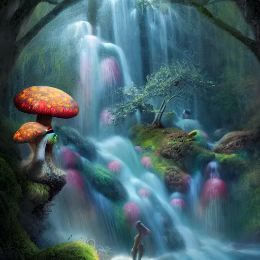 Image similar to tom bagshaw, soft painting render curiosities pond vegetation rocks gigantic mushrooms covered moss scintillating flying bioluminescent wisps, a beautiful waterfall rainbow wildlife, accurate features, focus, very intricate ultrafine details, random volumetric lighting, fog, award winning masterpiece, octane render 8 k hd, artstation