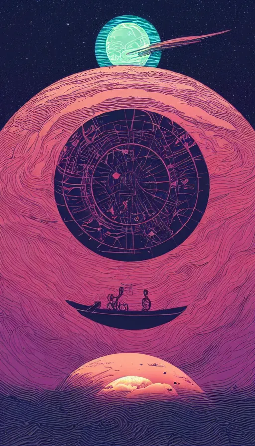 Image similar to supermoon floating on cosmic maelstrom sunset sky, futurism, dan mumford, victo ngai, kilian eng, da vinci, josan gonzalez