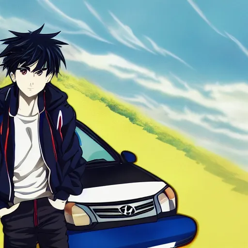 Image similar to closeup of a high definition anime guy with short dark blue hair and black streetwear clothing riding a dark red 1996 Hyundai Accent car with armenia quindio in the background, Artwork by Shuichi Shigeno, pixiv, 8k, official media, wallpaper, hd