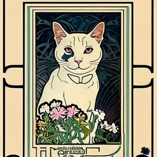 Image similar to bust of white short haired cat, surrounded by flowers, Alphonse mucha, art nouveau, poster art, beautiful art nouveau advertisement