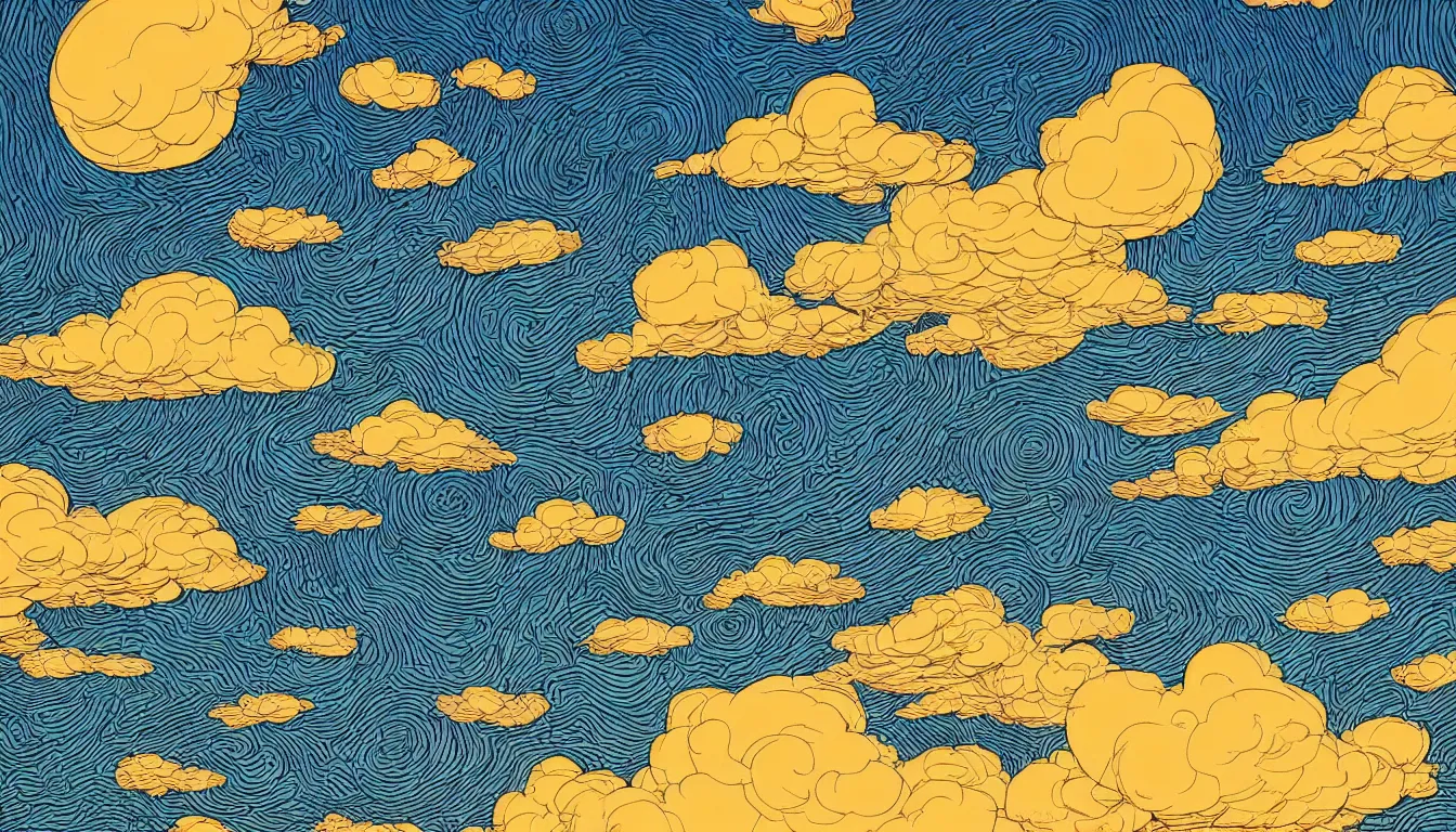 Image similar to clouds in the shape of charlie brown light rays by dan mumford and peter doig and hey arnold, symmetrical, minimal, black ink, thick lines highly detailed, muted colours 8 k