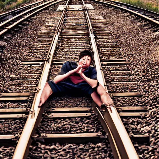 Prompt: justin sun bound in rope laying on train tracks,, beautiful cinematic lighting, epic composition, approaching train