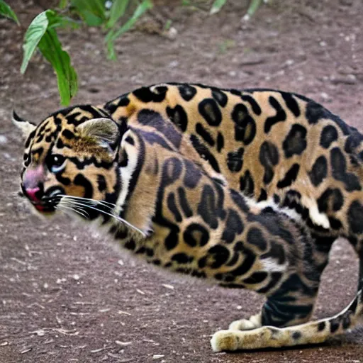 Prompt: anthropomorphic clouded leopard wearing a space suit, slight downward angle