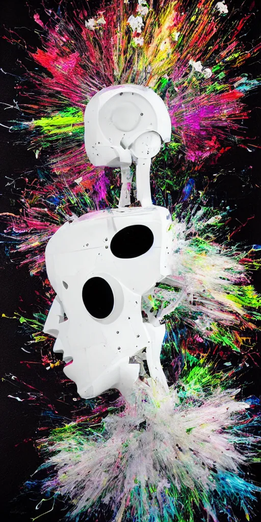 Image similar to dubstep visualized, a painting by thomas cole of a 3 d white robot head with flowers growing out, highly detailed, color bleeding, pixel sorting, plain black background, studio lighting, high contrast, bold composition, abstract paint color splotches