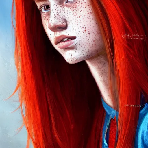 Image similar to portrait of a teen girl with freckles with long red hair and bright brown eyes, 8 k, highly detailed, digital painting, artstation, sharp focus, illustration