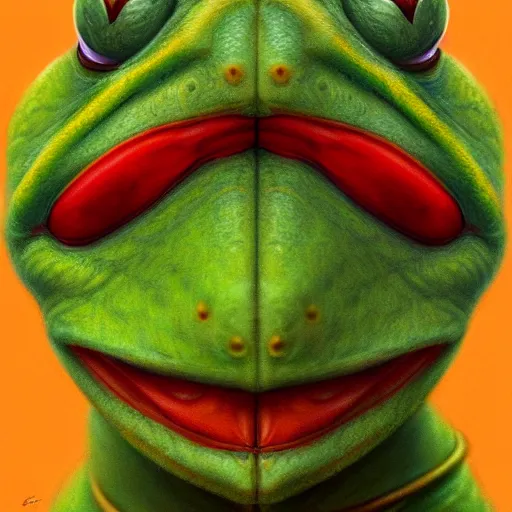 Image similar to symmetry portrait of kermit the frog, intricate, elegant, highly detailed, digital painting, artstation, concept art, smooth, sharp focus, illustration, art by artgerm and greg rutkowski and alphonse mucha, 8 k