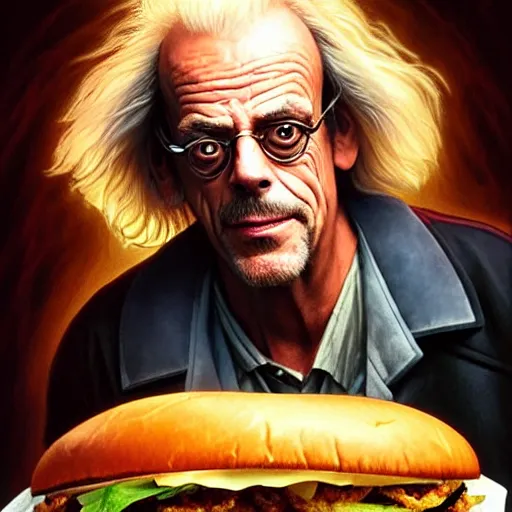 Image similar to portrait of Christopher Lloyd as Doc Brown eating a giant hamburger , extra onions and ketchup, luscious patty with sesame seeds, feminine ethereal, handsome, D&D, fantasy, intricate, elegant, highly detailed, digital painting, artstation, concept art, matte, sharp focus, illustration, art by Artgerm and Greg Rutkowski and Alphonse Mucha