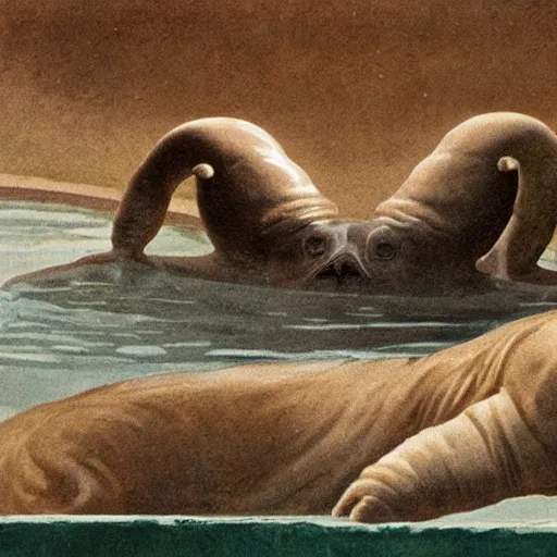 Prompt: a walrus with two tails laying in a old roman bathhouse