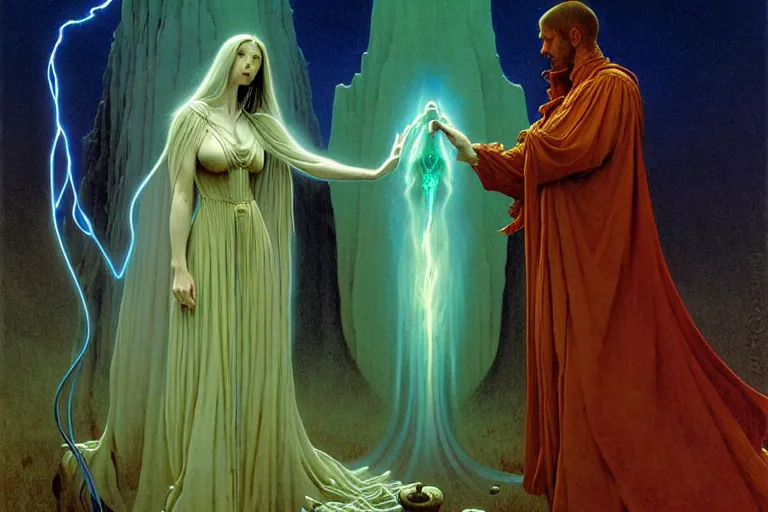 Image similar to the female arcanist and the male artificer by zacharias aagaard and albert bierstadt and gerald brom and zdzisław beksinski and james gilleard and wayne barlowe and jean delville, beautiful, flowing magical robe, highly detailed, hyperrealistic, intricate, energy, electricity, blue flame, low light, green crystal, high contrast, submission