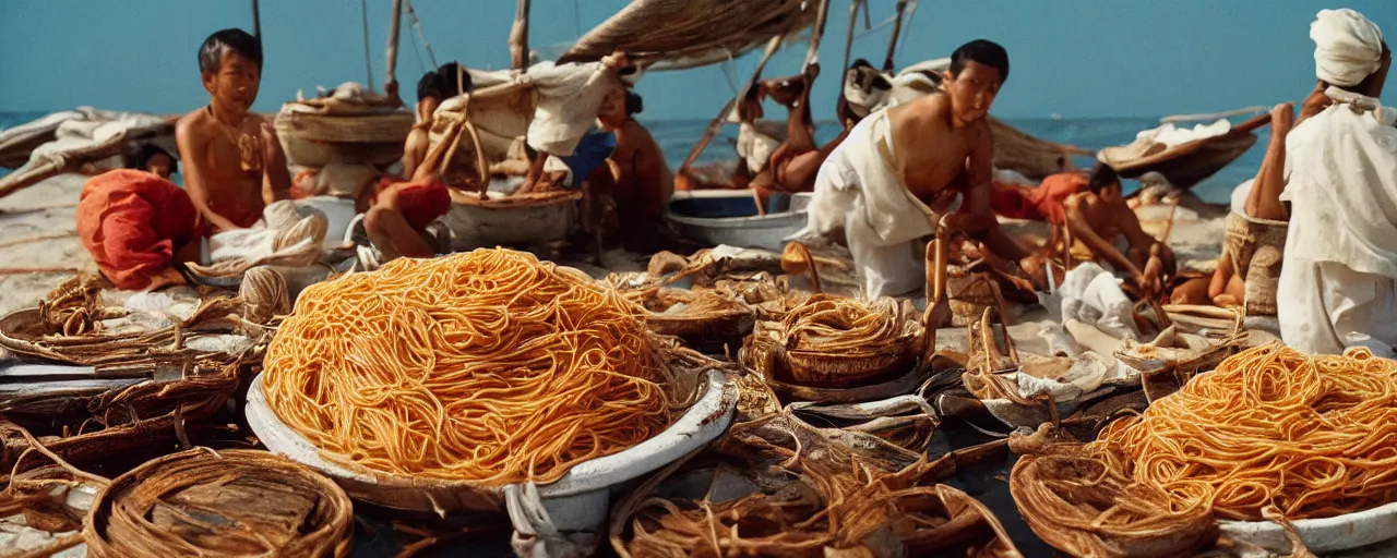 Image similar to the spaghetti trade in the indian ocean, tang dynasty, canon 5 0 mm, kodachrome, in the style of wes anderson, retro