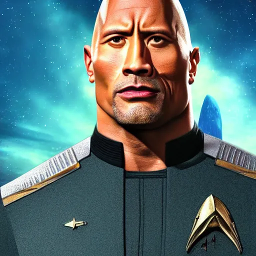 Image similar to a full body portrait of dwayne johnson as a star fleet officer from star trek next generation, ultra rendered extreme realism and detail, 8 k, highly detailed, realistic, completely framed, hyper realistic, colorful, direct lighting, 3 5 mm photo, photorealistic, sharp focus