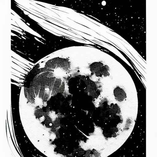 Image similar to full moon, style of shuzo oshimi, black outline, on white, smooth, thin sharp lines, detailed