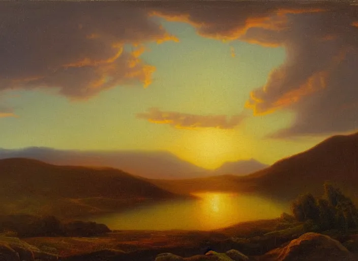 Image similar to the armenian highlands with the sun setting as the background in the style of hudson river school of art, oil on canvas