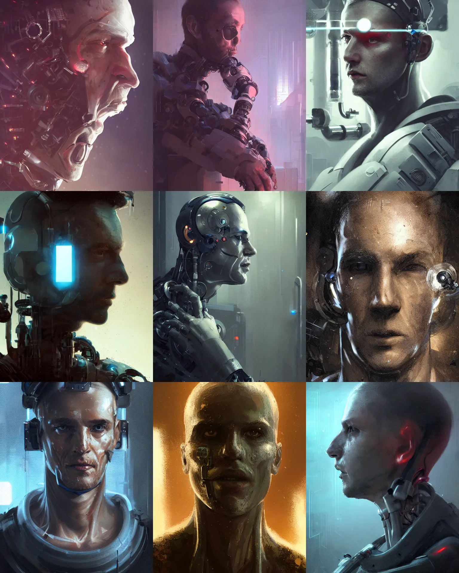 Prompt: a laboratory operator man with cybernetic enhancements seen from a distance, 1 / 2 headshot, scifi character portrait by greg rutkowski, craig mullins, cinematic lighting, dystopian scifi gear, profile picture, mechanical, cyborg, half robot