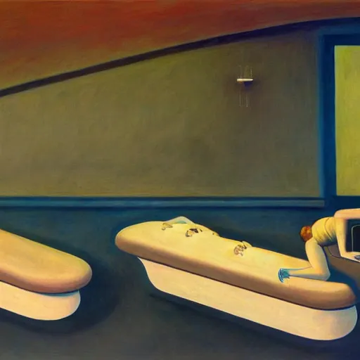 Prompt: sci - fi sarcophagus, statis chamber, sleeping crew, dystopian, pj crook, edward hopper, oil on canvas