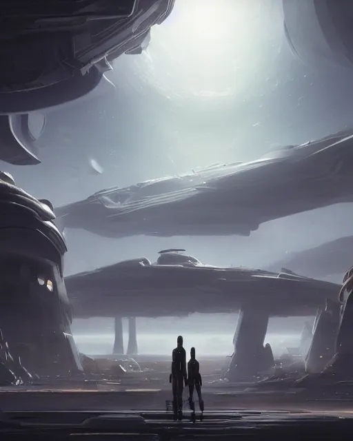 Prompt: A muted color painting of humanoid Aliens of the Sun on a space planet environment with futuristic city and vehicles, inspired by greg rutkowski and Keith Mallett, digital art, extremely moody lighting, glowing light and shadow, atmospheric, shadowy, cinematic