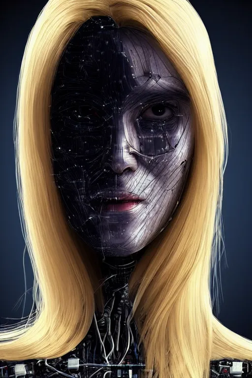 Image similar to robot with human face, female head, full body angle, woman human face, human face realistic, beautiful blonde hair, human head, human head with blonde hair, blonde hair human head, blonde hair, human realistic face, human head skin, cyborg frame concept, cyborg by ales-kotnik, sci-fi android female, the body is made of wires, robotic body, cyborg body, cyborg bust body, robot body cyborg, full body