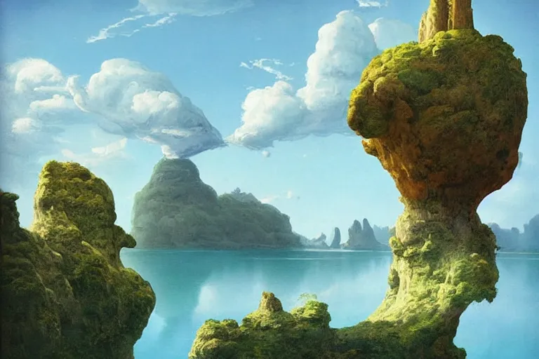 Image similar to A levitating island in the style of Dr. Seuss, painting by Raphael Lacoste