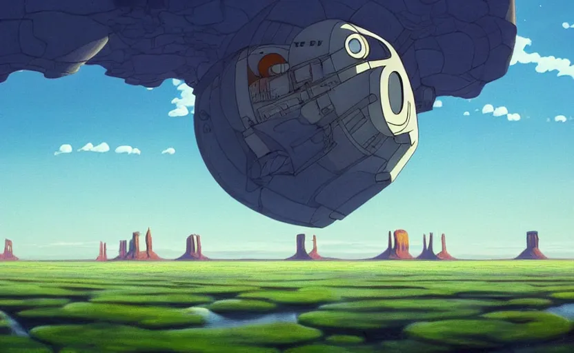 Prompt: a scary hyperrealist painting of a rocketship in a giant transparent forcefield from howl's moving castle ( 2 0 0 4 ) in a flooded monument valley stonehenge jungle. depth perception, 4 k, artstation, in the style of studio ghibli