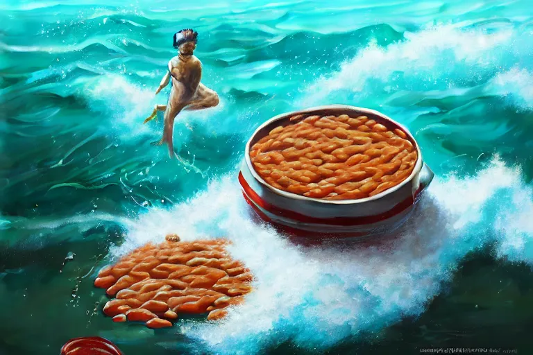 Prompt: portrait of tom hanks swimming in baked beans, an ocean filled of baked beans, charlie bowater, artgerm, ilya kuvshinov, krenz cushart, ruan jia, realism, ultra detailed, 8 k resolution