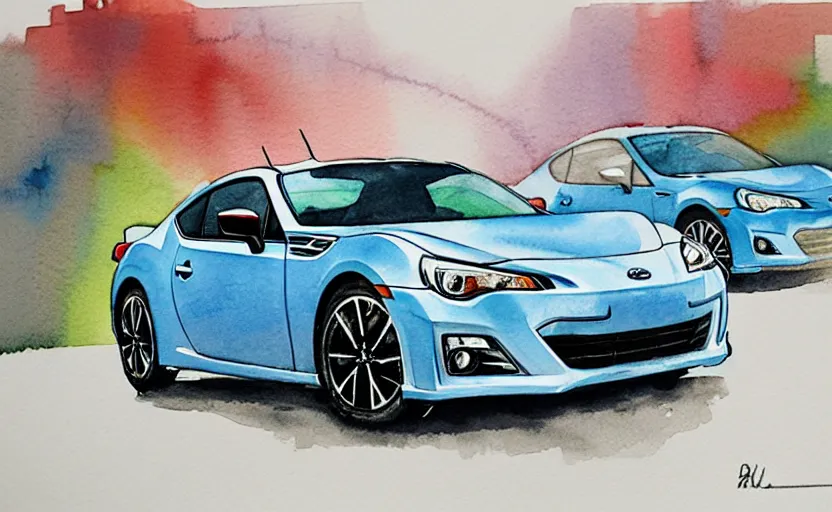 Prompt: modern watercolor painting of a subaru brz