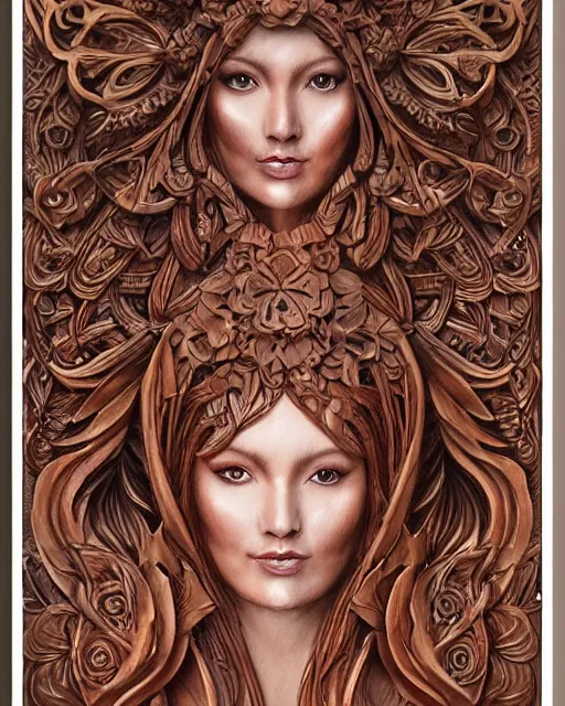 Image similar to watercolor portrait of a nature priestess, carved mahogany floral explosion, intricate carvings, artgerm, artstation