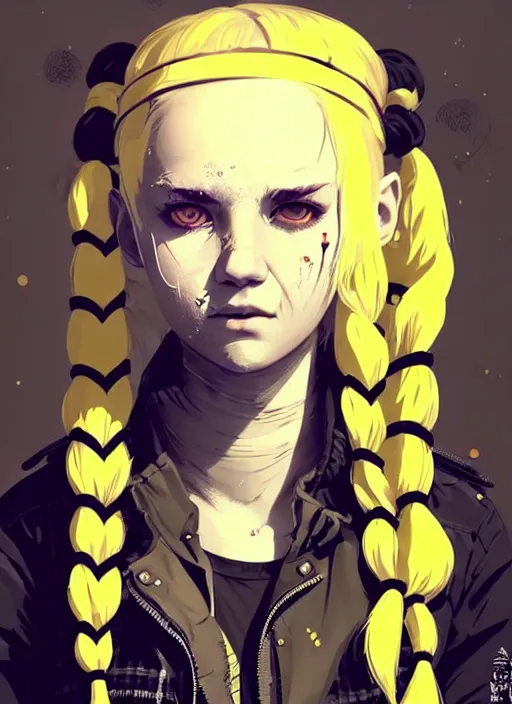 Image similar to highly detailed closeup portrait of a sewer punk pretty swedish female road warrior student, tartan garment, blonde hair pigtails with headband by atey ghailan, by greg rutkowski, by greg tocchini, by james gilleard, by joe fenton, by kaethe butcher, gradient yellow, black, brown and white color scheme, grunge aesthetic!!! white graffiti tag wall background