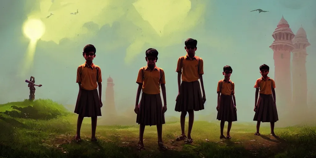 Prompt: kerala school boys wearing girls dresses posing for a photo, an epic fantasy, dramatic lighting, cinematic, establishing shot, extremely high detail, photorealistic, cinematic lighting, artstation, matte painting by simon stalenhag, shadow of the tomb rider