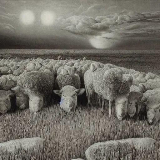 Image similar to dead sheeps in a farm nuclear winter by zdzisław beksinski