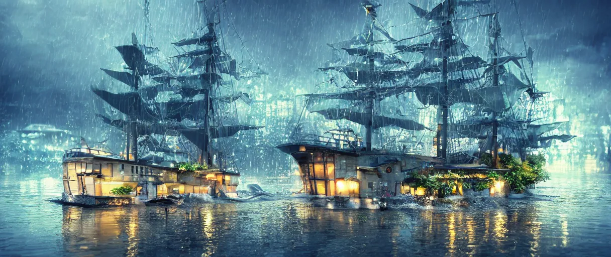 Image similar to cruising ship sailing at raining night at flooded miniature city, sun is on the rise on the town, cute style garden, octane render, trees, evergreen, patio, garden, wet atmosphere, tender, soft light misty yoshitaka amano, and artgerm