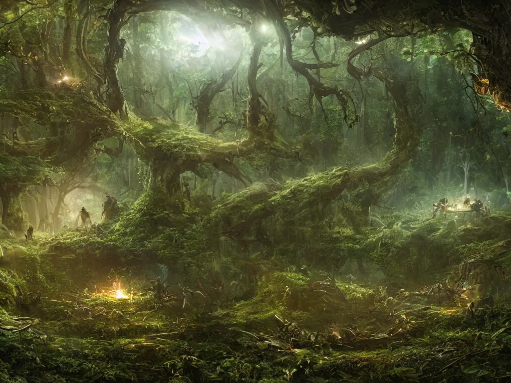 Image similar to an intricate realistic matte painting of an epic battle between a forest and technology at the center is a circular glowing bio-mechanical portal made of trees fighting mechanical and electrical parts