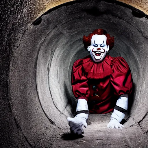 Image similar to stephen king as pennywise the clown, professional photography, in sewer tunnel, buck teeth, meek smile