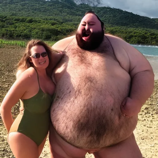 Image similar to a leaked photo of a screaming, hairy, fat man that is wearing a swimsuit and kissing the worlds largest toad