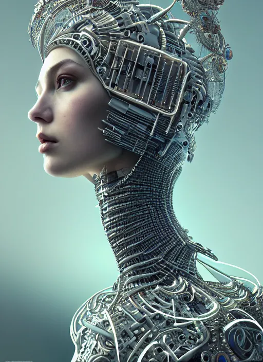 Image similar to portrait of an absurdly beautiful, graceful, sophisticated, fashionable cyberpunk mechanoid, hyperdetailed illustration by irakli nadar and vania zouravliov, matt wisniewski style, intricate linework, mother of pearl porcelain skin, faberge headdress, unreal engine 5 highly rendered, global illumination, radiant light, detailed and intricate environment