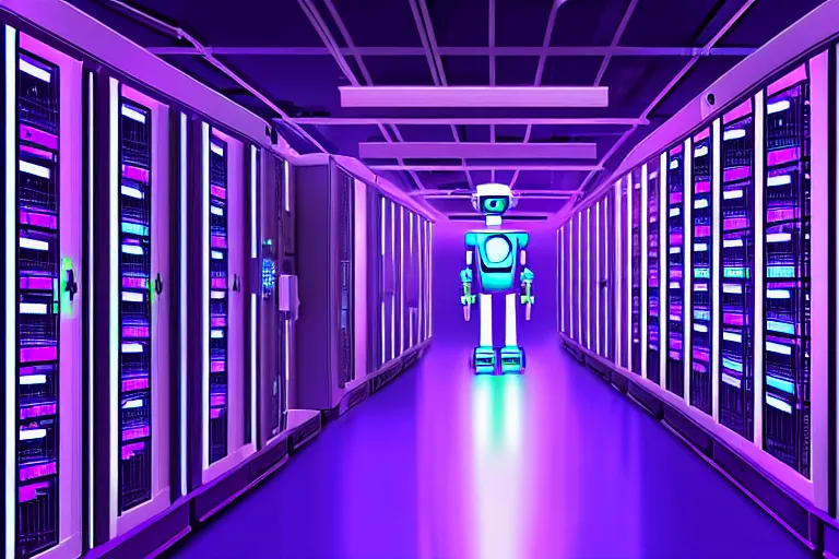 Image similar to realistic robot in a data server room, computers, neon and dark, purple and blue color scheme, by dan mumford, kirokaze and valenberg