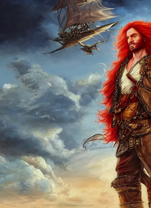Prompt: epic fantasy portrait painting of a long haired, red headed male sky - pirate in front of an airship in the style of eve ventrue