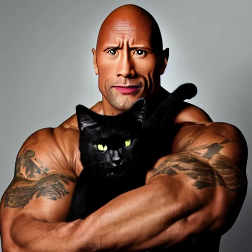 Image similar to dwayne johnson holding a black cat, studio lighting, promotional photograph