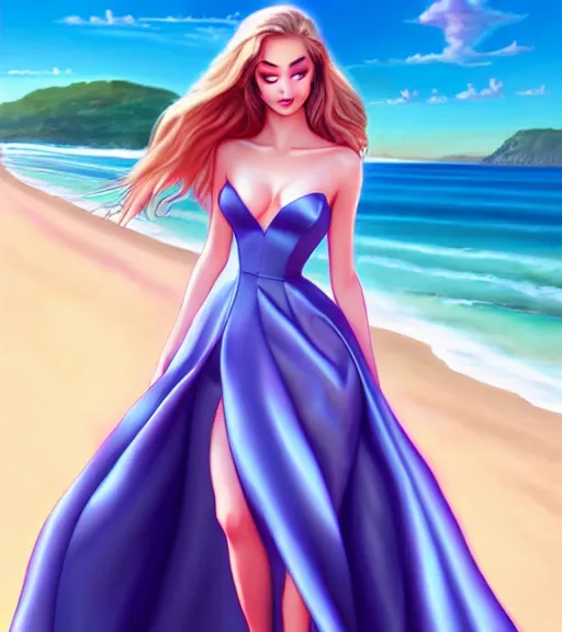 Image similar to beautiful princess in a satin dress on the beach drawn by artgerm