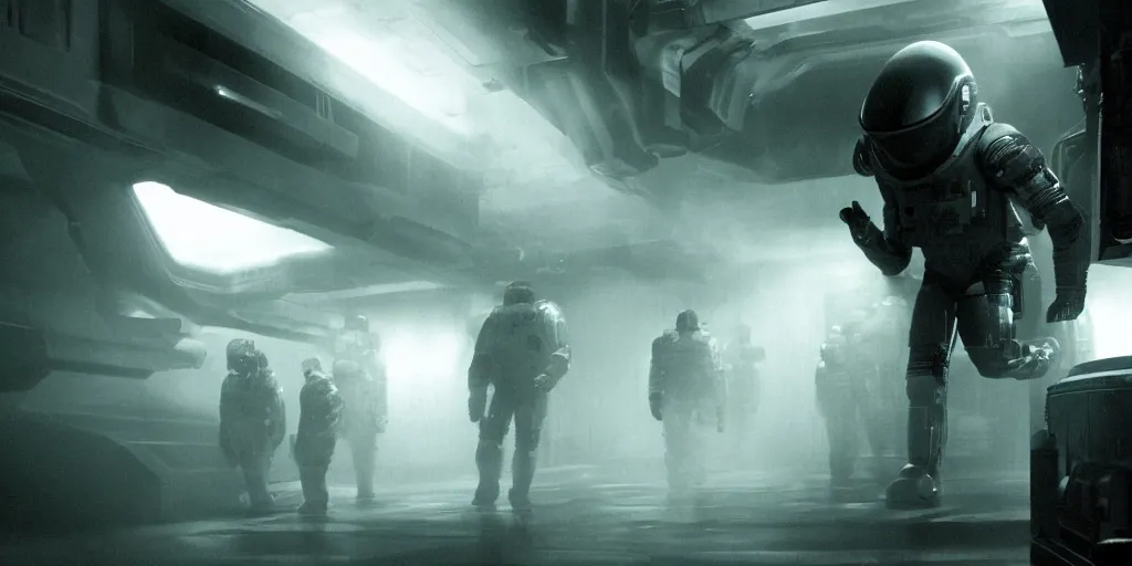 Image similar to a tight shot of a dark Alien ship interior corridor by Ridley Scott with lots of steam and astronauts with guns, high contrast, Aliens movie, grainy, moody, dark, bleak, green tones