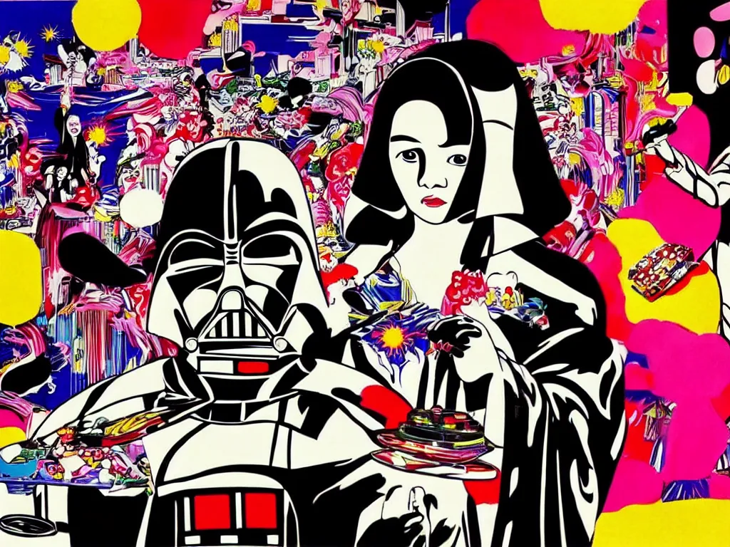 Image similar to hyperrealistic composition, in the middle a woman in a japanese kimono, behind her stands darth vader, in front of her a table from the casino, in the background is mount fuji and fireworks, pop - art style, jacky tsai style, andy warhol style, roy lichtenstein style, acrylic on canvas